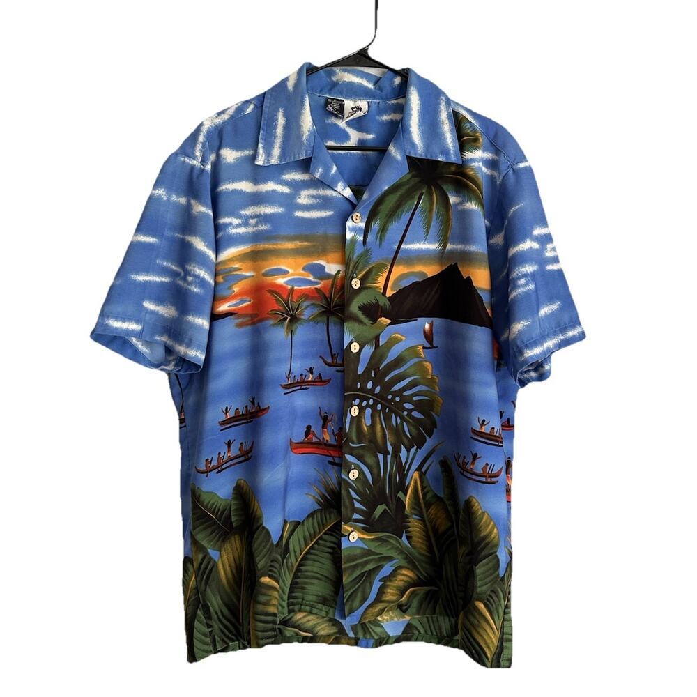 Vtg 80s 90s Kennington California Hawaiian Shirt Men L Blue White Tropical Palm